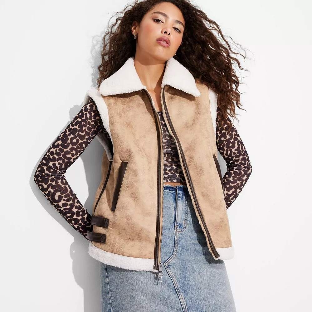 Wild Fable Faux Suede Shearling Aviator Vest Tan Brown Buckle‎ Detail Womens XL